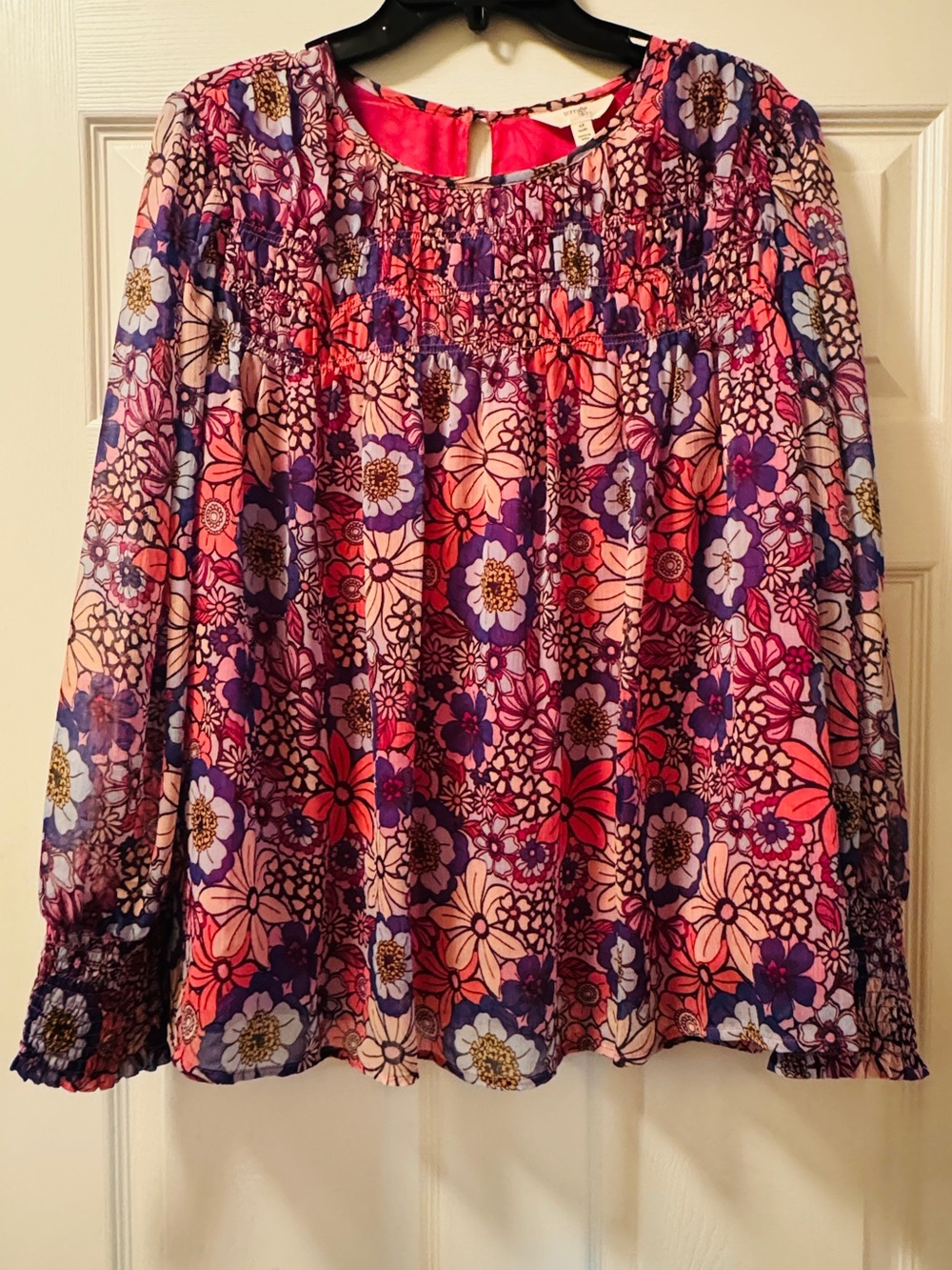 Terra & Sky Pink and Purple Floral Smocked Yoke Blouse